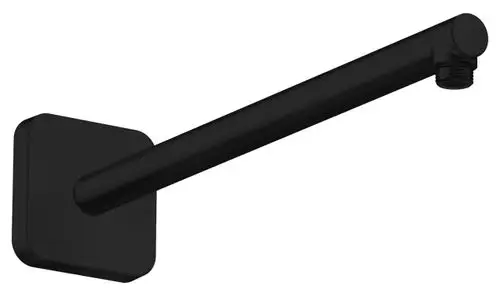 Schwarzer Brausearm mit quadratischer Wandhalterung, hergestellt von AXOR. Der Arm hat ein Ende mit Gewindeanschluss.